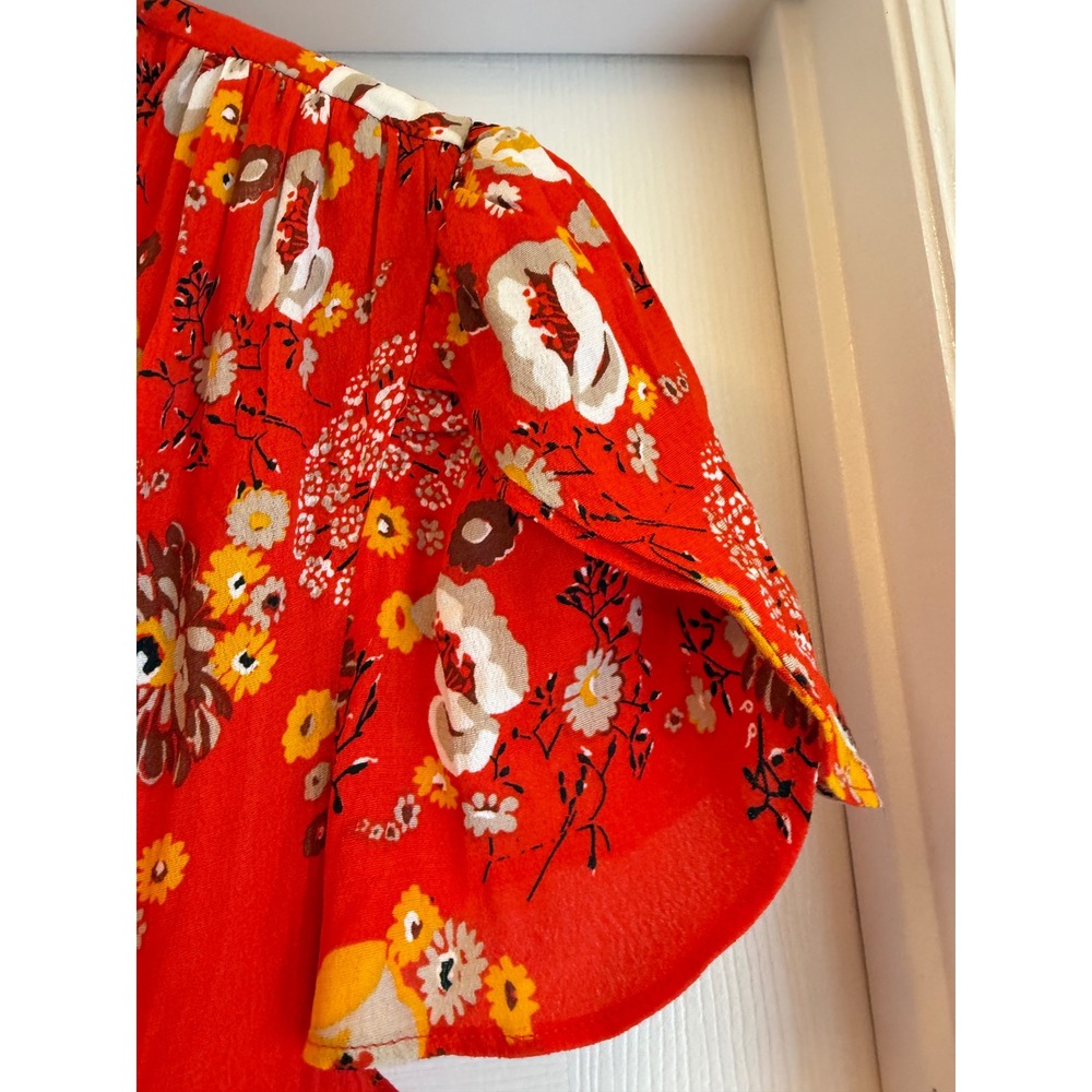 Free People Wrap Dress Women Large Red Floral Flutter Sleeve V-Neck Maxi Boho - Picture 4 of 9